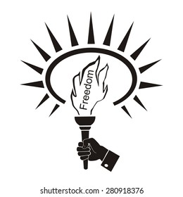 computer drawing,  vector, linear, silhouette, illustration of torch of freedom in hand, symbol of freedom