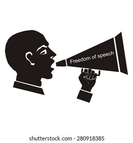 computer drawing,  vector, linear, silhouette face profile and bullhorn in hand, illustration of political speech, speaker, freedom of speech