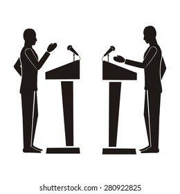 Computer Drawing,  Vector, Silhouette Figure In Profile, Illustration Of Political Debate, Speakers Speak From The Podium, Elections