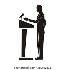 computer drawing,  vector, silhouette figure in profile, illustration of political debate, speaker speak from the podium, elections