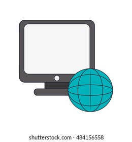 computer and earth globe diagram icon