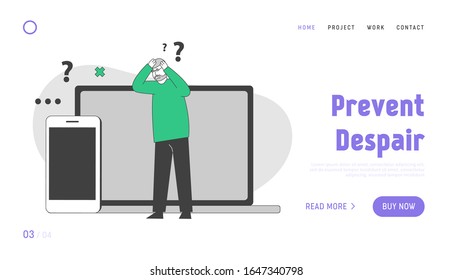 Página de Inicio del Sitio Web de Educación Informática para Personas de Edad. Hombre mayor cerca de una laptop enorme y teléfono inteligente tratando de descifrar con el cartel de la página web de nueva tecnología. Ilustración de vectores planos de caricatura, arte de línea
