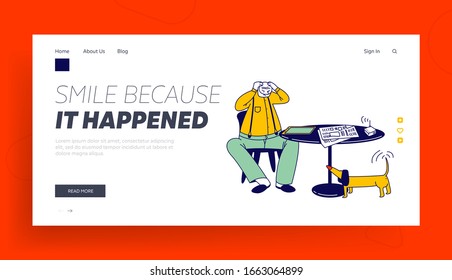 Página de Inicio del Sitio Web de Educación Informática para Personas de Edad. Desesperado anciano con Tablet y Wifi tratando de descifrar con el nuevo banner de la página web de tecnología. Ilustración de vectores planos de caricatura, arte de línea