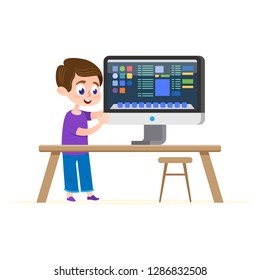 Computer Education Illustration. Cartoon Boy Flat Character Inside House Learn Online Tutorial. Preschool Internet Globe Univercity Teaching Course. User Content Laboratory Platform.