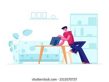 Computer Education, New Technologies. Young Man Sitting at Table with Laptop in Home Interior Pointing with Finger on Screen. Cartoon Flat Vector Illustration