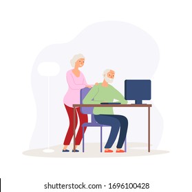 Computer education. Old couple studying modern digital world. Elderly people video calling or online communication vector illustration