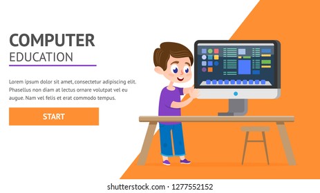 Computer Education Page. Schoolboy with PC Screen. Online Academy Seminar Training at Home Workplace Platform. Kid Boy Character Near Table at Lesson. Digital Knowledge Library Network.