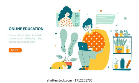 Computer education seniors elderly old flat vector landing page template.
