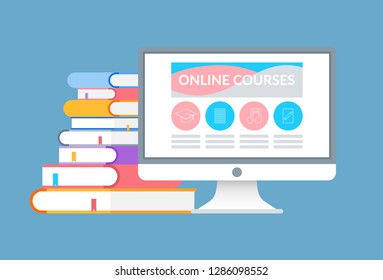 Computer with educational page web vector. Electronic studying courses, website increase knowledge. Books and laptop information isolated on blue vector