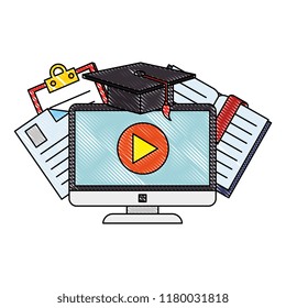 computer with elearning icons