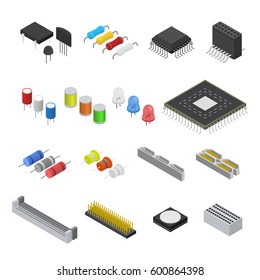 Computer Electronic Circuit Board Component Set Isometric View for Web. Vector illustration