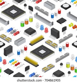 Computer Electronic Circuit Board Component Background Pattern on a White Isometric View for Web. Vector illustration