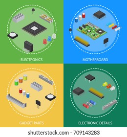 Computer Electronic Circuit Board Component Poster Card Set Isometric ViewTechnology Equipment Device Concept. Vector illustration