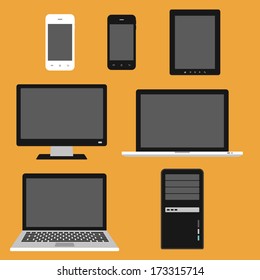 computer, electronic device. colorful laptop, tablet, computer and smart phone. flat design template elements for web and mobile applications