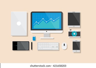 Computer and Electronic Device Flat Design Vector Illustration Element Icons Set