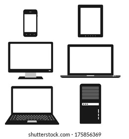 computer, electronic device icons set. black and white laptop, tablet, computer and smart phone. flat template elements