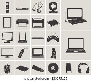 computer, electronic device, tv and media vector icons set