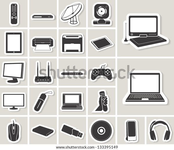 computer, electronic device, tv and media vector\
icons set. paper\
stickers