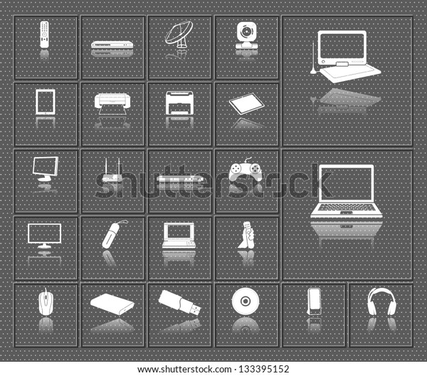 computer, electronic device, tv and media\
vector icons set with reflection on dark\
background