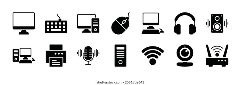 Computer or electronic devices icons vector. Containing monitor, keyboard, mouse, headphone, speaker, desktop, printer, microphone, network, camera, central processing unit, wifi, wireless, router