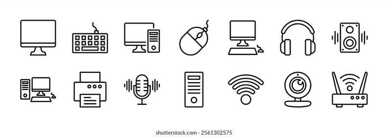 Computer or electronic devices thin line icon vector set. Contains monitor, keyboard, mouse, headphone, speaker, desktop, printer, microphone, network, camera, central processing unit, wifi, wireless