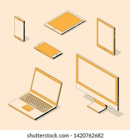 Computer and electronic devices in trendy isometric vector illustration set.