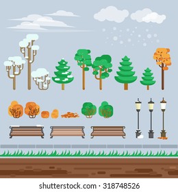 Computer electronic video game 2d  winter scene background perspective with aisian style city park abstract vector illustration