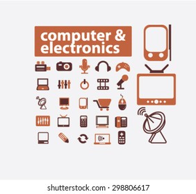 computer, electronics, gadgets, icons, signs, illustrations set, vector