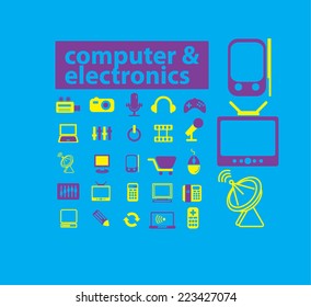 computer, electronics, media, TV, smartphone icons, signs, symbols, illustrations, vectors set