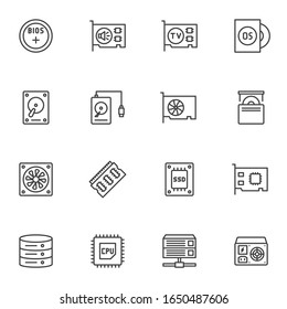 Icons für Computerelektronik-Komponenten werden gesetzt. Sammlung von Symbolen im linearen Stil der Computer-Hardware, Paket von Rahmenzeichen. Grafiken der Vektorillustration. Set enthält Symbole wie HDD, Soundkarte, SSD, CPU Prozessor, Datenbank