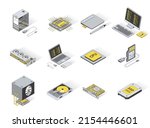 Computer elements concept 3d isometric icons set. Pack elements of laptop, processor, touchpad, keyboard, monitor, cpu, ssd, video card, gpu and other. Vector illustration in modern isometry design
