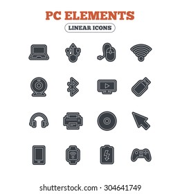 Computer elements icons. Notebook, usb port and smartphone. Printer, smart watch and game console joystick. Bluetooth, flash stick and cursor pointer. Line icon with black border. Vector