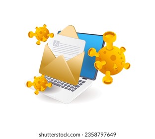 Computer e-mail attacked by malware virus flat isometric illustration