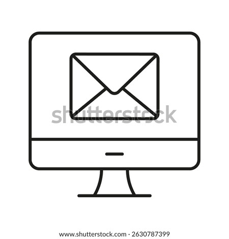 Computer With Email Envelope Line Icon. Digital Communication And Online Messaging Outline Symbol. Email Notification And Internet Correspondence. Editable Stroke. Isolated Vector Illustration.