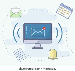 Computer with email notification on screen. Flat vector icons set: envelope, blank, document, calendar, bell vibration, page