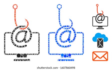Computer email phishing mosaic of filled circles in various sizes and color tinges, based on computer email phishing icon. Vector filled circles are combined into blue mosaic.
