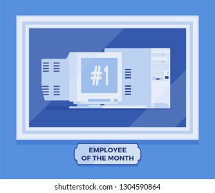 Computer Employee Of The Month Winner. Gadget The Best Worker, Achieving Excellence In Reward Program For Hard And Productive Work, Photo Of Leader On Wall. Vector Illustration, Faceless Characters