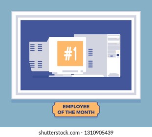 Computer Employee Of The Month Winner. Gadget The Best Worker, Achieving Excellence In Reward Program For Hard And Productive Work, Photo Of Leader On Wall. Vector Illustration