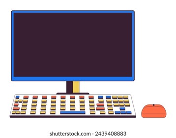 Computer with empty monitor 2D linear cartoon object. Office pc workstation isolated line vector element white background. Business and entertainment device color flat spot illustration