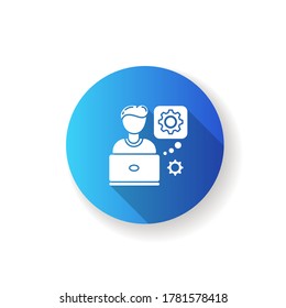 Computer engineer blue flat design long shadow glyph icon. Professional program developer. Hardware maintenance specialist. Console setup, repair man. System repair. Silhouette RGB color illustration