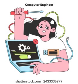 A Computer Engineer diligently troubleshoots and configures hardware, her toolkit at the ready, embodying the problem-solving essence of IT jobs.