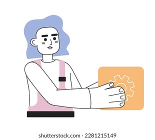 Computer engineer line concept vector spot illustration. Editable 2D flat cartoon character on white for web design. Female programmer with gear creative lineart idea for website, mobile, blog