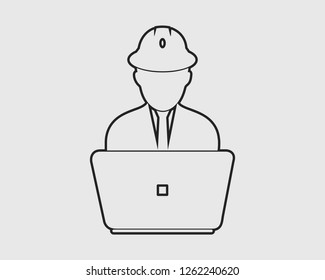 Computer Engineer line Icon. Male symbol with computer monitor