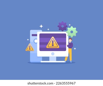 computer engineer. repair, maintenance, troubleshooting in the computer operating system. a technician and computer who encountered an error. jobs and professions. illustration concept design. vector 
