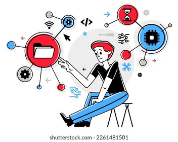 Computer engineer in work vector outline illustration, programmer and system administrator doing his job with some operating system, 