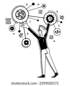 Computeringenieur in der Vektorgrafik, Programmierer und Systemadministrator, der seine Arbeit mit einem Betriebssystem erledigt, 