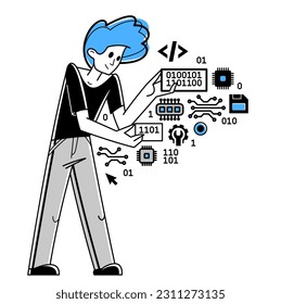 Computer engineer in work vector outline illustration, programmer and system administrator doing his job with some operating system, 