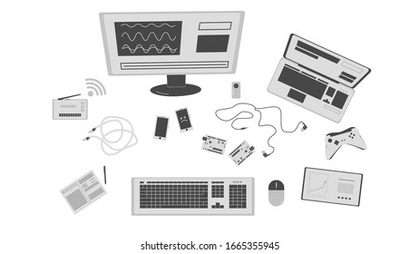 computer engineer workstation that includes monitor, laptop, tablet, keyboard, mouse, notepad, headphones, router, board vector illustration
