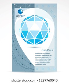 Computer engineering business modern marketing presentation poster. Vector abstract 3d blue geometric shape, polygonal figure.