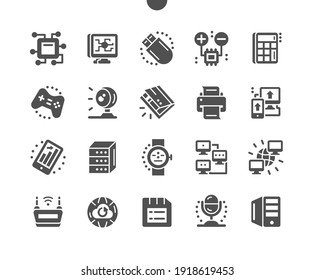 Computer engineering. Cloud storage. Data exchange and database. Shared network. Microchip, calculator, webcam, scanner and printer. Vector Solid Icons. Simple Pictogram